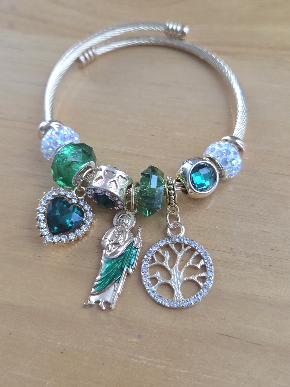 Gold-Tone Green Crystal Charm Bracelet with Tree & Heart Pendants
